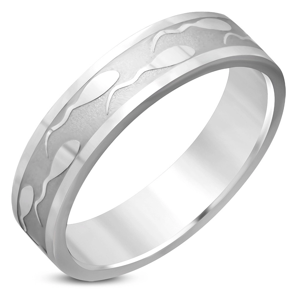 Ocelový prsten – lesklý povrch, vyryté motivy pulců, 6 mm - Velikost: 60