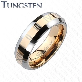 Tungstenový kroužek - zlatorůžový pás s římskými číslicemi - Velikost: 52