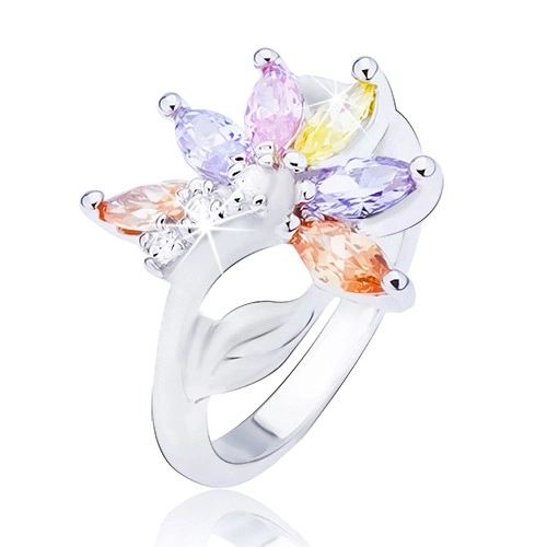 Lesklý stříbrný prsten, květ s barevnými zirkonovými lupeny - Velikost: 49