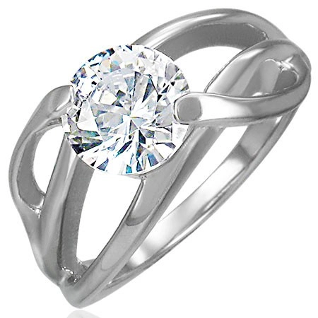 Zásnubní prsten s příčným úchytem a kulatým čirým zirkonem, ocel 316L - Velikost: 58