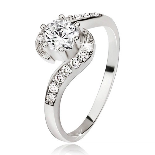 Stříbrný prsten 925, zvlněná zirkonová ramena, kulatý čirý kamínek - Velikost: 61