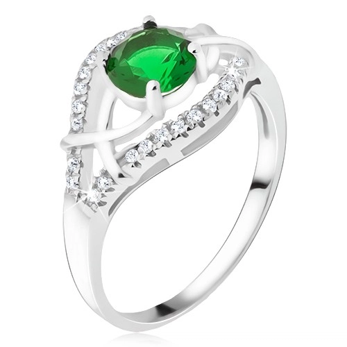 Stříbrný prsten 925 - zelený okrouhlý kamínek, zirkonová ramena - Velikost: 55
