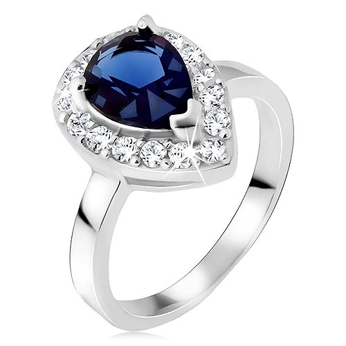 Stříbrný prsten 925, modrý slzičkovitý kámen se zirkonovým lemem - Velikost: 50