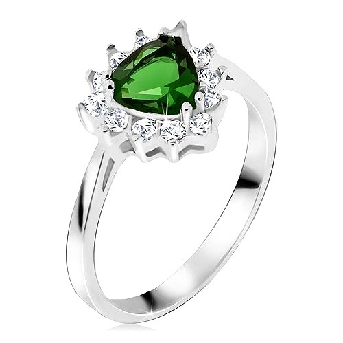 Prsten ze stříbra 925, trojúhelníkový zelený kamínek, čiré zirkony - Velikost: 64