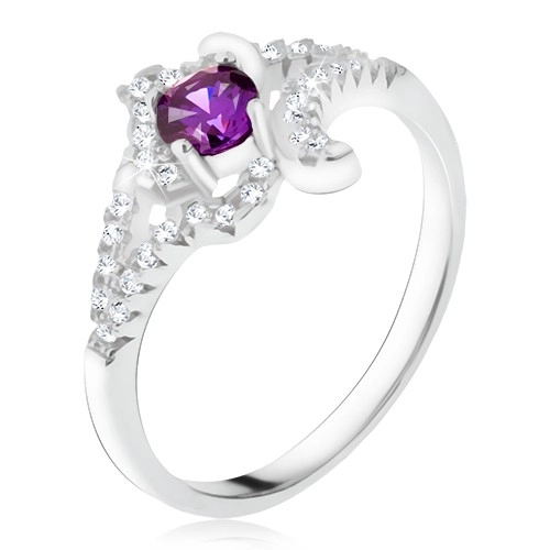 Stříbrný prsten 925, fialový kamínek, zakroucená zirkonová ramena - Velikost: 57