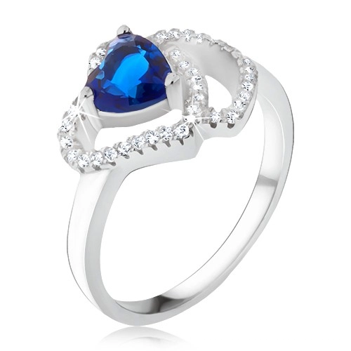 Prsten ze stříbra 925, modrý srdíčkovitý kámen, zirkonové obrysy srdcí - Velikost: 62