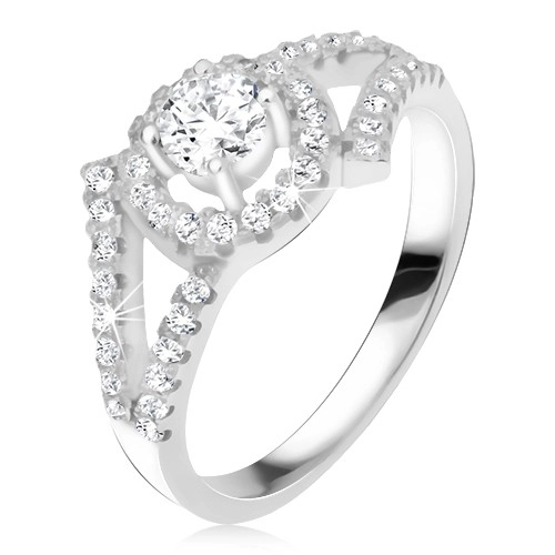 Stříbrný 925 prsten, rozvětvená ramena, okrouhlý kámen s lemem - Velikost: 52