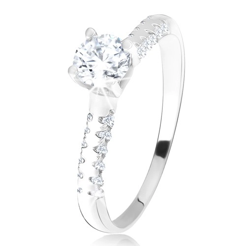 Stříbrný 925 prsten, vystouplý kotlík s čirým zirkonem, ozdobná ramena - Velikost: 48