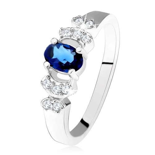 Lesklý prsten - stříbro 925, tmavě modrý oválný zirkon, čiré kamínky - Velikost: 55