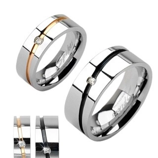 Ocelové snubní prsteny stříbrný, zlatý pruh, černý pruh se zirkonem - Velikost: 62