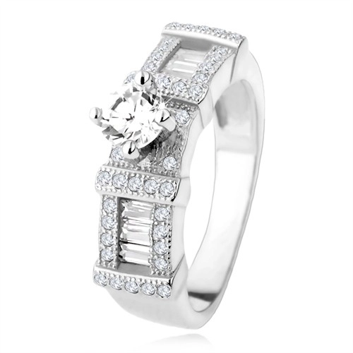 Stříbrný zásnubní prsten 925, zirkonové obdélníky, kulatý kamínek - Velikost: 64