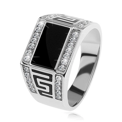 Stříbrný prsten 925, černý obdélník, čiré blyštivé kamínky, řecký klíč - Velikost: 57