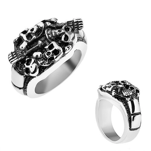 Patinovaný prsten z oceli 316L, stříbrná barva, vypouklé lebky a kosti - Velikost: 67