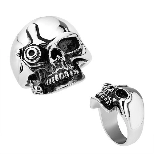 Ocelový prsten, stříbrná barva, lesklá patinovaná lebka ve stylu Terminátora - Velikost: 55