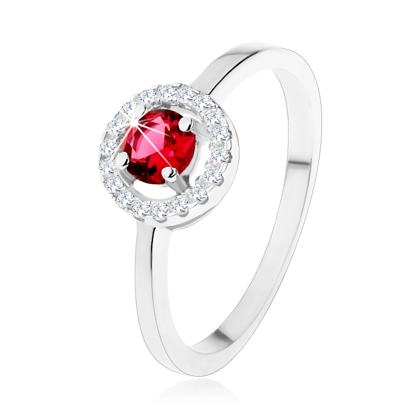 Zásnubní prsten ze stříbra 925, kulatý červený zirkon, čirý lem - Velikost: 52