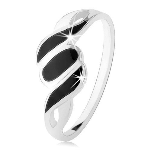 Stříbrný 925 prsten, hladká ramena, šikmé černé linie a ovál - Velikost: 57