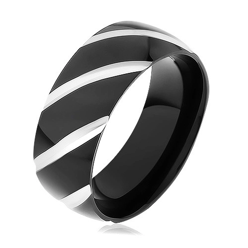 Černý ocelový prsten, lesklý povrch zdobený šikmými zářezy - Velikost: 64
