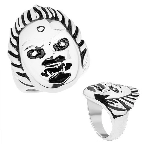 Mohutný ocelový prsten, lesklý povrch, tvář démona, stříbrný odstín - Velikost: 67