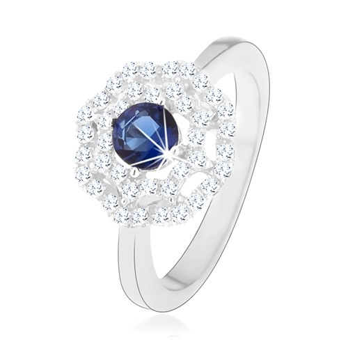 Rhodiovaný stříbrný prsten 925, slunce - modrý kulatý zirkon, dvojitý čirý lem - Velikost: 55