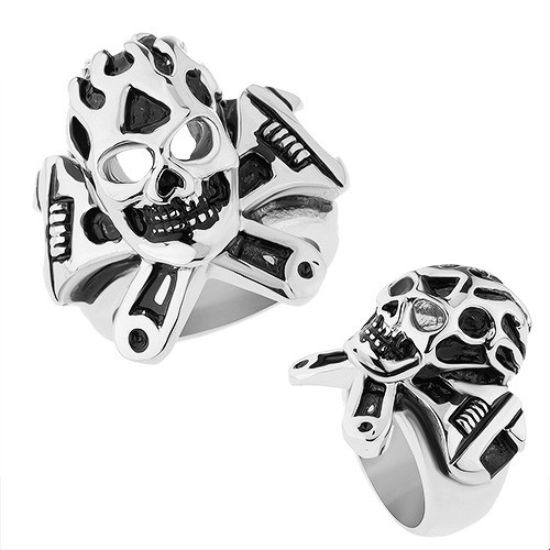 Ocelový prsten stříbrné barvy, vypouklá patinovaná lebka, francouzský klíč - Velikost: 65