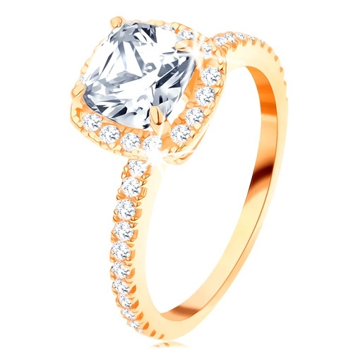Zlatý prsten 585 - výrazný čtvercový zirkon v ozdobném kotlíku, třpytivé linie - Velikost: 65