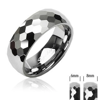Wolframový prsten stříbrné barvy, broušené lesklé šestihrany, 6 mm - Velikost: 67