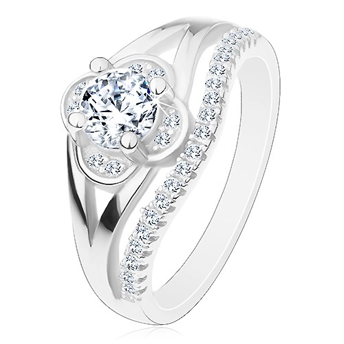 Zásnubní prsten, stříbro 925, čirý zirkonový kvítek a linie drobných zirkonů - Velikost: 46