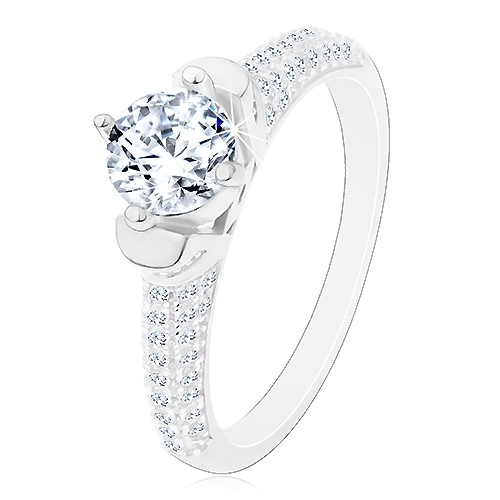 Stříbrný prsten 925, kulatý čirý zirkon v dekorativním kotlíku, blýskavá ramena - Velikost: 65