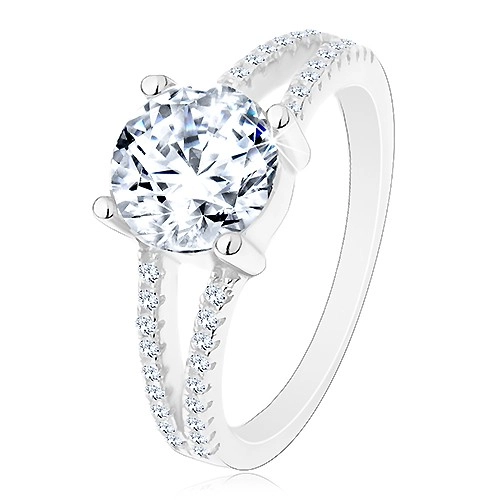 Stříbrný 925 prsten - zásnubní, rozdělená zirkonová ramena, zářivý kulatý zirkon - Velikost: 62