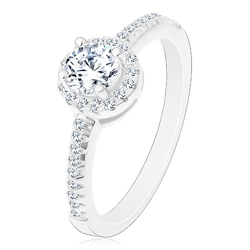 Zásnubní prsten - stříbro 925, zářivý kulatý zirkon čiré barvy ve třpytivém kruhu - Velikost: 60