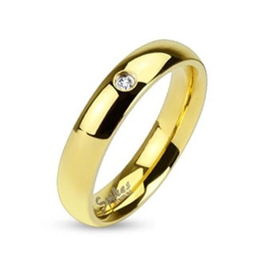 Prsten z oceli 316L zlaté barvy, čirý zirkonek, lesklý hladký povrch, 4 mm - Velikost: 49