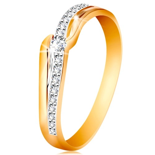 Blýskavý zlatý prsten 585 - čirý zirkon mezi konci ramen, zirkonová vlnka - Velikost: 51