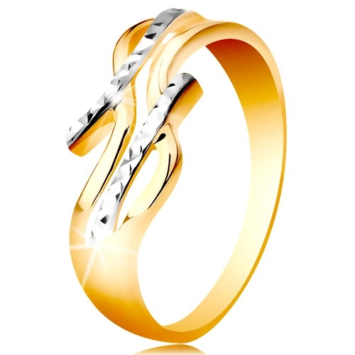 Prsten ze 14K zlata - dvoubarevná, rozdělená a zvlněná ramena, blýskavé zářezy - Velikost: 54