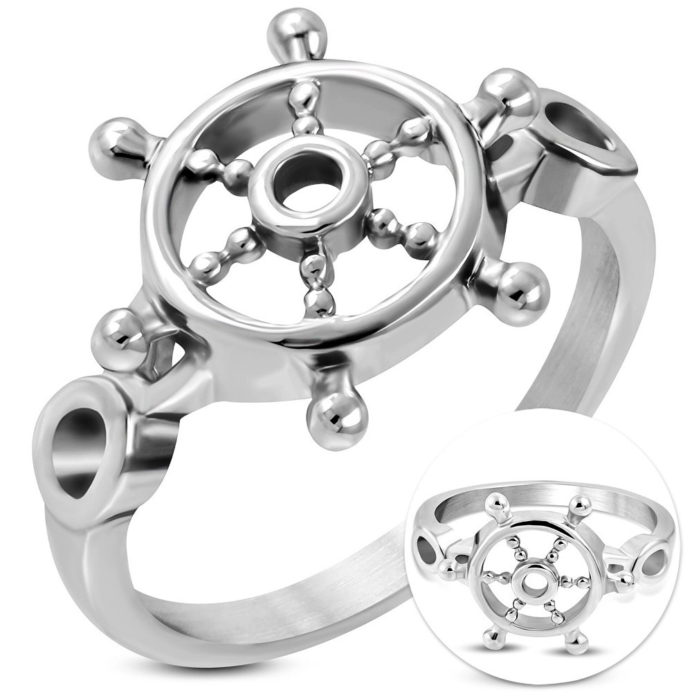 Prsten z chirurgické oceli stříbrné barvy, kruhové lesklé kormidlo - Velikost: 55