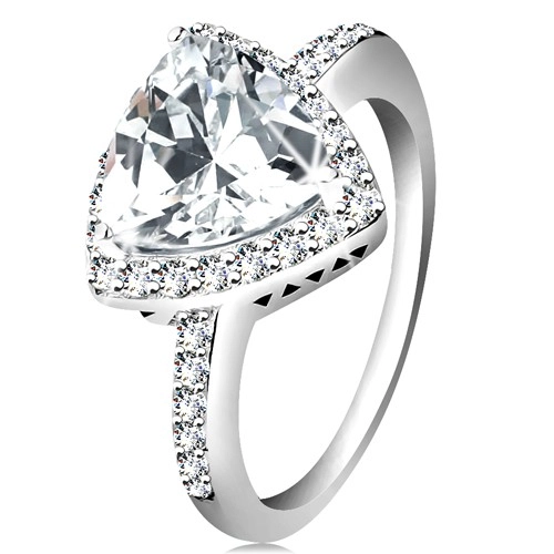Stříbrný prsten 925, čirý trojúhelníkový zirkon, blýskavý lem, výřezy - Velikost: 58