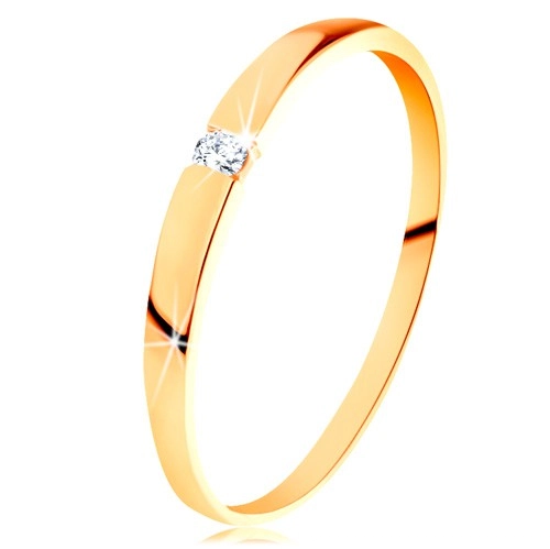 Zlatý 14K prsten - blýskavý zirkon čiré barvy, hladká vypouklá ramena - Velikost: 49