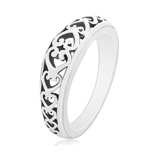 Prsten ze stříbra 925, vyřezávané srdíčkovité ornamenty, černá patina - Velikost: 60