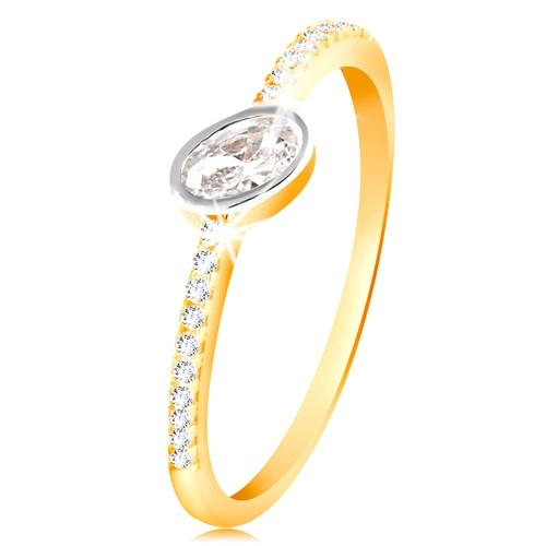 Zlatý prsten 585 - čirý oválný zirkon v objímce z bílého zlata, zirkonové linie - Velikost: 49