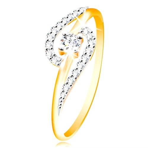 Prsten ze 14K zlata - čiré zirkonové oblouky, větší kulatý zirkon uprostřed - Velikost: 54