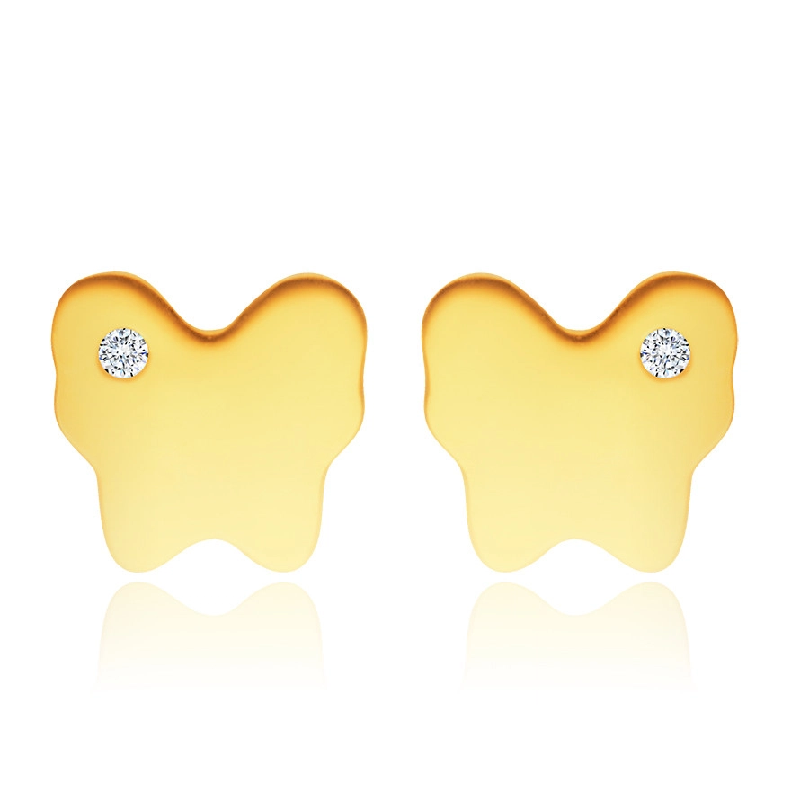 Diamantové náušnice ze 14K žlutého zlata - motýlek s drobným čirým briliantem