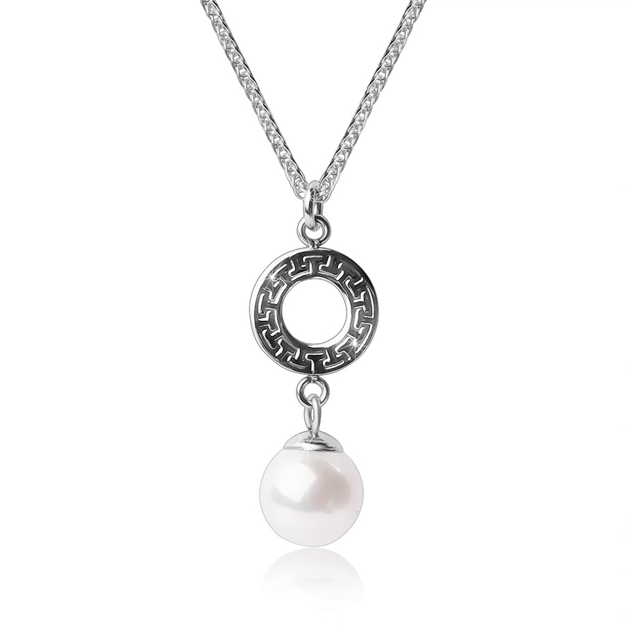 Ocelový náhrdelník - kroužek s řeckým vzorem, perleťová kulička
