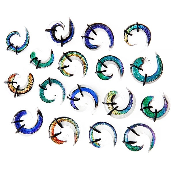 Expander do ucha - vícebarevná skleněná spirálka, gumičky - Tloušťka : 9,5 mm, Barva piercing: Čirá - Modrá