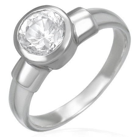 Ocelový snubní prsten s velikým zirkonovým očkem v kovové objímce - Velikost: 59