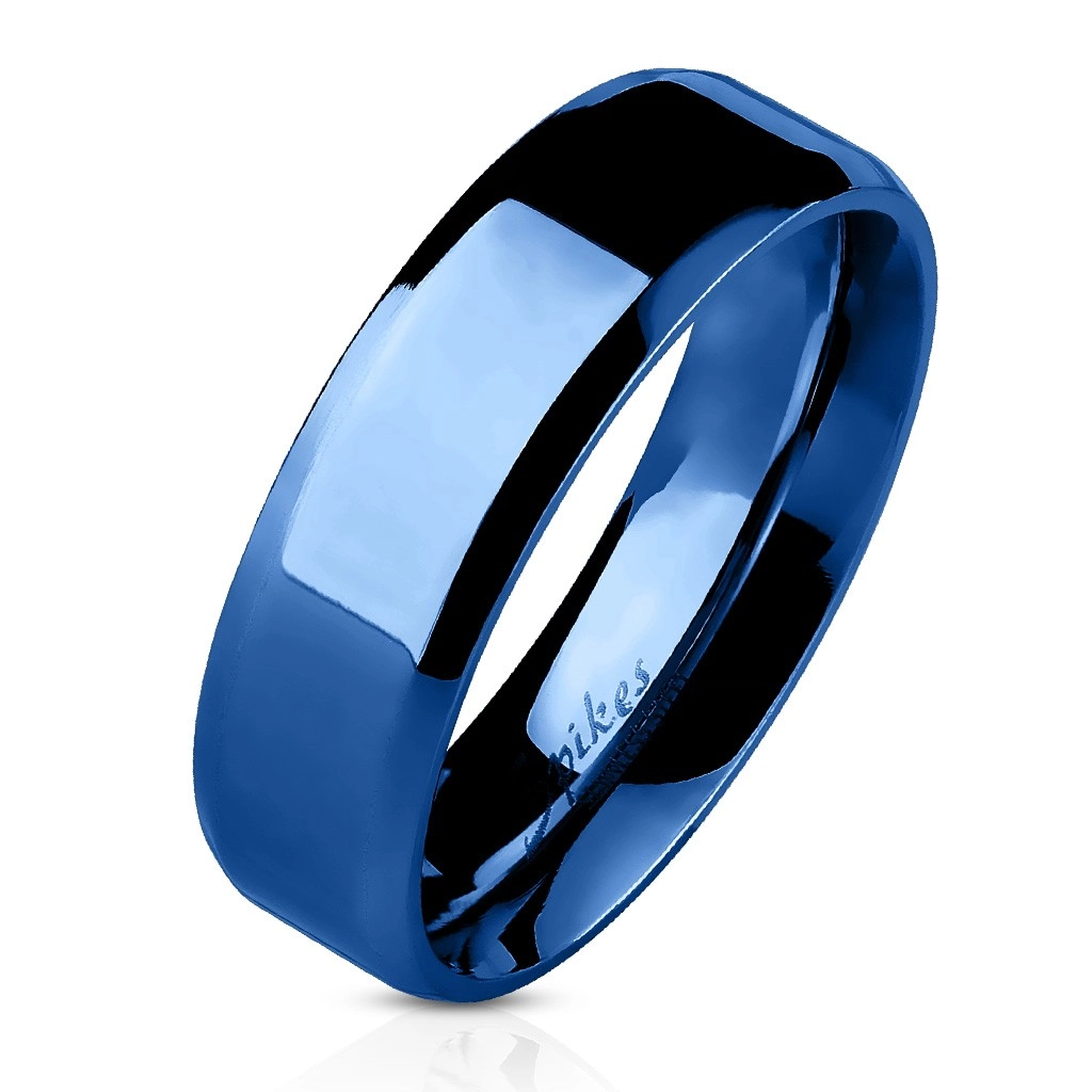 Ocelový prsten - modrá plochá obroučka, 6 mm - Velikost: 57