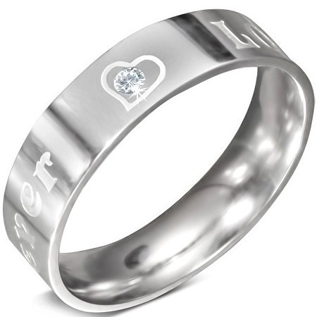 Ocelový prsten - nápis FOREVER LOVE a zirkon, 6 mm - Velikost: 59