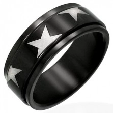 Černý ocelový prsten s točící se obručí a hvězdami