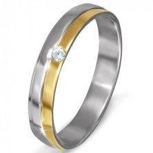 Prsten z oceli - zlato-stříbrný, šikmý zlom a čirý zirkon