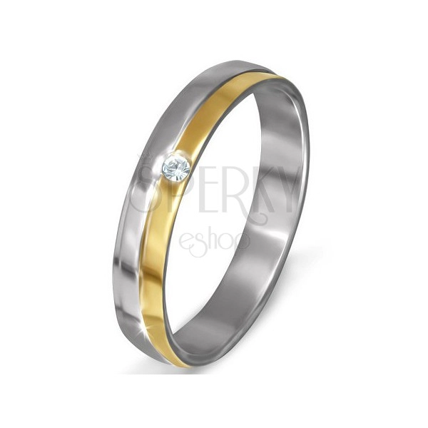 Prsten z oceli - zlato-stříbrný, šikmý zlom a čirý zirkon