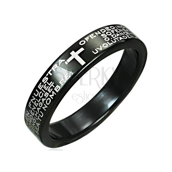 Prsten z nerezové oceli - černý s potiskem modlitby a křížem