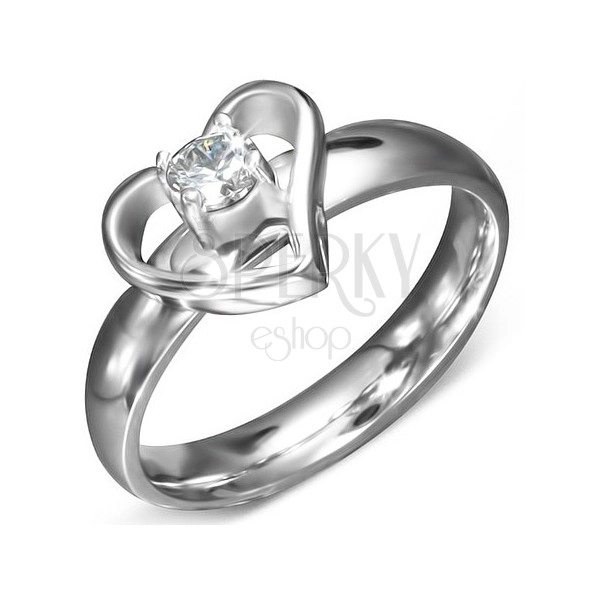 Prsten z oceli - kontura srdce s čirým zirkonem uprostřed